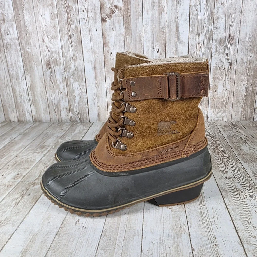 Sorel Women's Waterproof Leather Duck Boots‎ Lace Up Buckle Tan Brown Size 8